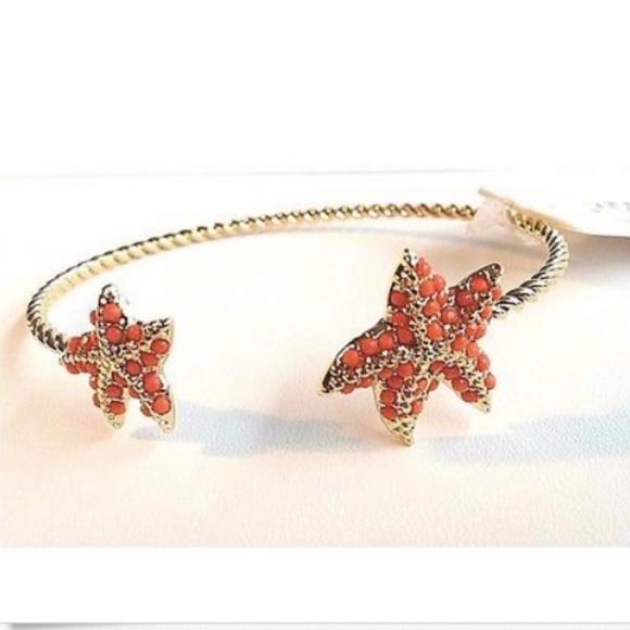 Coral Bead Starfish Cuff Cable Bracelet Nautical Beach Gold Plated Adjustable - Picture 8 of 10